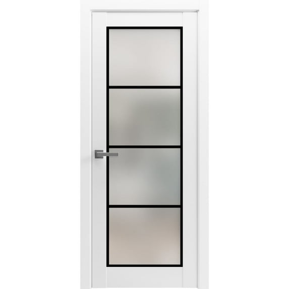 Solid French Pre-Hung Door 36 x 80 inches | Planum 2132 White Silk Frosted Glass | Single Regular Panel Frame Trims Handle | Bathroom Bedroom Sturdy Doors