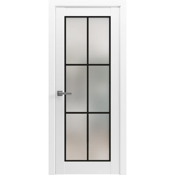 Solid French Pre-Hung Door 42 x 84 inches | Planum 2122 White Silk Frosted Glass | Single Regular Panel Frame Trims Handle | Bathroom Bedroom Sturdy Doors