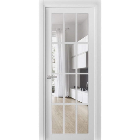 Solid French Pre-Hung Door Clear Glass 12 lites | Felicia 3355 White Silk | Single Regular Panel Frame Trims Handle | Bathroom Bedroom Sturdy Doors -18" x 84"