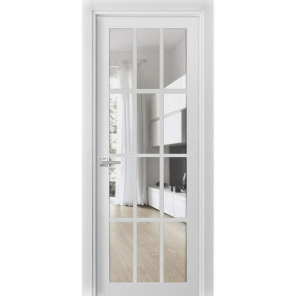 Solid French Pre-Hung Door Clear Glass 12 lites | Felicia 3355 White Silk | Single Regular Panel Frame Trims Handle | Bathroom Bedroom Sturdy Doors -18" x 84"