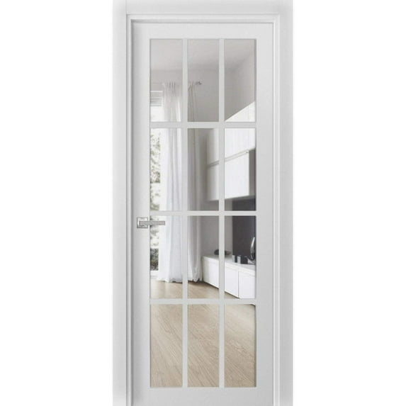 Solid French Pre-Hung Door Clear Glass 12 lites | Felicia 3355 White Silk | Single Regular Panel Frame Trims Handle | Bathroom Bedroom Sturdy Doors -36" x 80"
