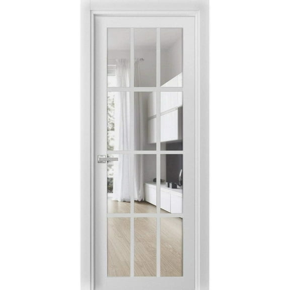 Solid French Pre-Hung Door Clear Glass 12 lites | Felicia 3355 White Silk | Single Regular Panel Frame Trims Handle | Bathroom Bedroom Sturdy Doors