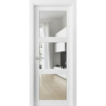 Solid French Pre-Hung Door Clear Glass 3 Lites | Lucia 2555 White Silk | Single Regular Panel Frame Trims Handle | Bathroom Bedroom Sturdy Doors-18" x 84"