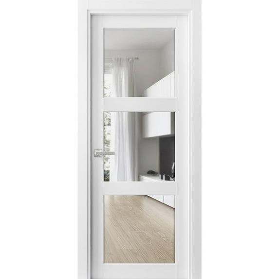 Solid French Pre-Hung Door Clear Glass 3 Lites | Lucia 2555 White Silk | Single Regular Panel Frame Trims Handle | Bathroom Bedroom Sturdy Doors-28" x 84"