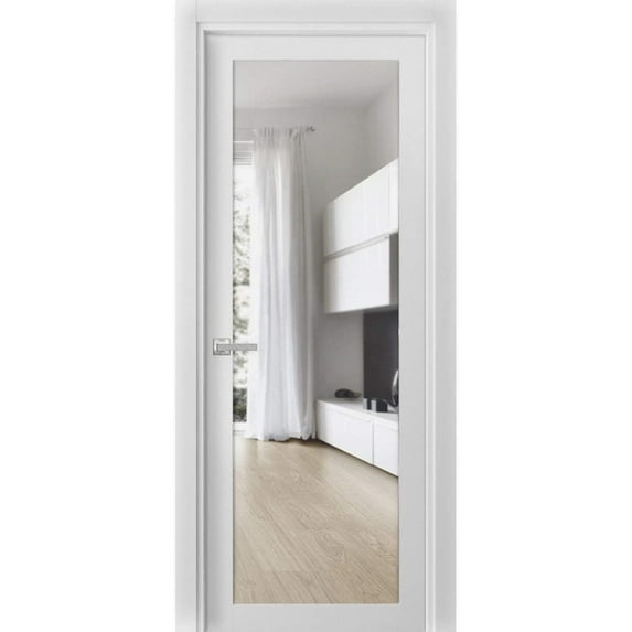 Solid French Pre-Hung Door Clear Glass | Lucia 2166 White Silk | Single Regular Panel Frame Trims Handle | Bathroom Bedroom Sturdy Doors -42" x 84"