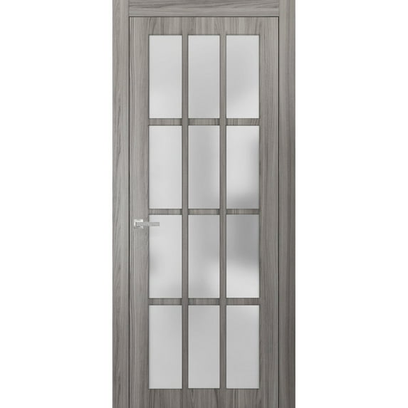Solid French Pre-Hung Door Frosted Glass 12 Lites | Felicia 3312 Ginger Ash | Single Regural Panel Frame Trims Handle | Bathroom Bedroom Sturdy Doors -32" x 80"