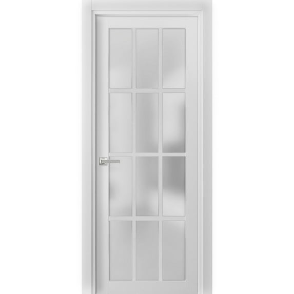 Solid French Pre-Hung Door Frosted Glass 12 Lites | Felicia 3312 White Silk | Single Regural Panel Frame Trims Handle | Bathroom Bedroom Sturdy Doors -28" x 80"