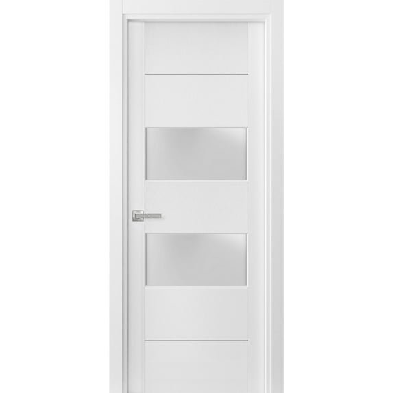 Solid French Pre-Hung Door Frosted Glass 2 lites | Lucia 4010 White Silk | Single Regular Panel Frame Trims Handle | Bathroom Bedroom Sturdy Doors -18" x 80"