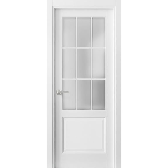Solid French Pre-Hung Door Frosted Glass 9 Lites | Felicia 3309 Matte White | Single Regural Panel Frame Trims Handle | Bathroom Bedroom Sturdy Doors -32" x 84"