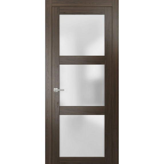 Solid French Pre-Hung Door Frosted Glass | Lucia 2552 Chocolate Ash | Single Regular Panel Frame Trims Handle | Bathroom Bedroom Sturdy Doors -30" x 96"