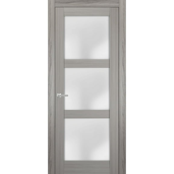 Solid French Pre-Hung Door Frosted Glass | Lucia 2552 Grey Ash | Single Regular Panel Frame Trims Handle | Bathroom Bedroom Sturdy Doors -18" x 84"