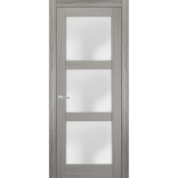 Solid French Pre-Hung Door Frosted Glass | Lucia 2552 Grey Ash | Single Regular Panel Frame Trims Handle | Bathroom Bedroom Sturdy Doors -30" x 84"
