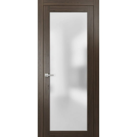 Solid French Pre-Hung Door Frosted Glass | Planum 2102 Chocolate Ash | Single Regular Panel Frame Trims Handle | Bathroom Bedroom Sturdy Doors -18" x 84"