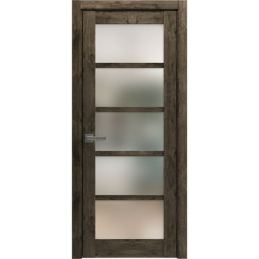 Solid French Pre-Hung Door Frosted Glass | Quadro 4002 Cognac Oak | Single Regular Panel Frame Trims Handle | Bathroom Bedroom Sturdy Doors -18" x 84"