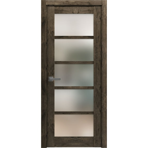 Solid French Pre-Hung Door Frosted Glass | Quadro 4002 Cognac Oak | Single Regular Panel Frame Trims Handle | Bathroom Bedroom Sturdy Doors -32" x 80"