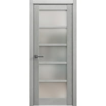 Solid French Pre-Hung Door Frosted Glass | Quadro 4002 Light Grey Oak | Single Regular Panel Frame Trims Handle | Bathroom Bedroom Sturdy Doors -18" x 84"