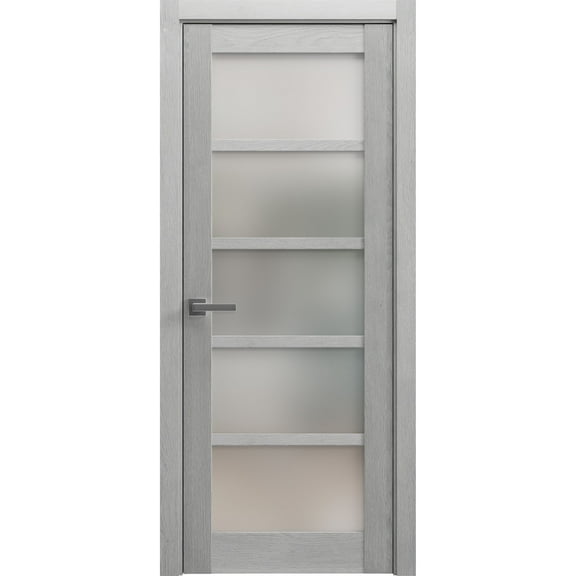 Solid French Pre-Hung Door Frosted Glass | Quadro 4002 Light Grey Oak | Single Regular Panel Frame Trims Handle | Bathroom Bedroom Sturdy Doors -24" x 80"