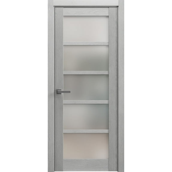 Solid French Pre-Hung Door Frosted Glass | Quadro 4002 Light Grey Oak | Single Regular Panel Frame Trims Handle | Bathroom Bedroom Sturdy Doors -24" x 84"
