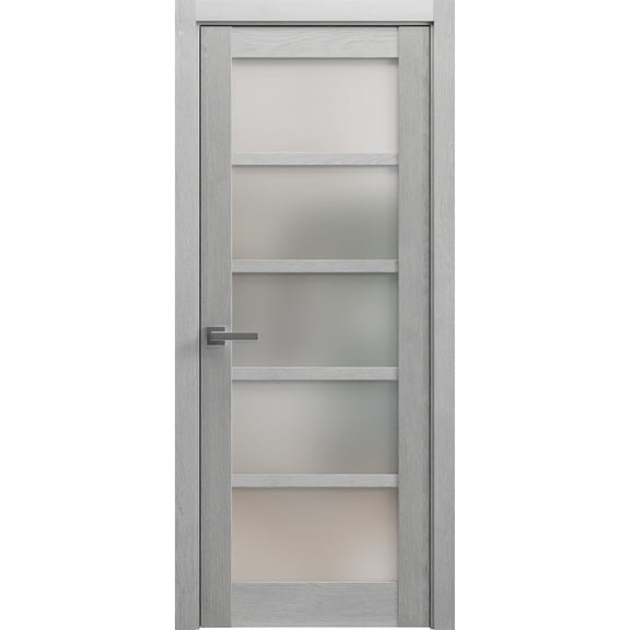 Solid French Pre-Hung Door Frosted Glass | Quadro 4002 Light Grey Oak | Single Regular Panel Frame Trims Handle | Bathroom Bedroom Sturdy Doors -32" x 80"
