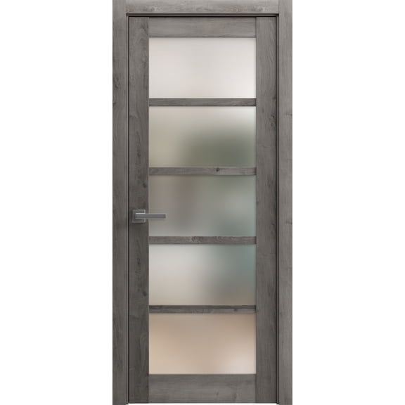 Solid French Pre-Hung Door Frosted Glass | Quadro 4002 Nebraska Grey | Single Regular Panel Frame Trims Handle | Bathroom Bedroom Sturdy Doors -28" x 80"