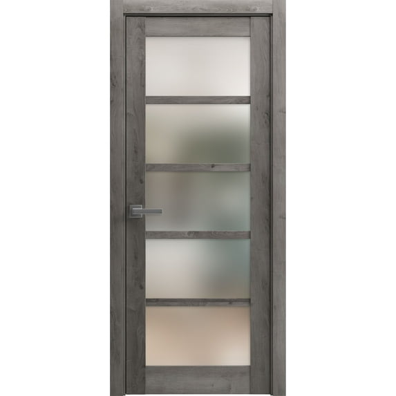 Solid French Pre-Hung Door Frosted Glass | Quadro 4002 Nebraska Grey | Single Regular Panel Frame Trims Handle | Bathroom Bedroom Sturdy Doors -30" x 80"