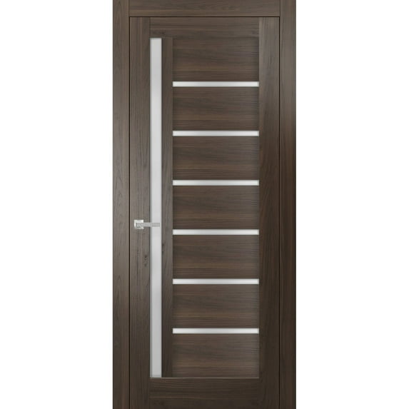 Solid French Pre-Hung Door Frosted Glass | Quadro 4088 Chocolate Ash | Single Regular Panel Frame Trims Handle | Bathroom Bedroom Sturdy Doors -36" x 84"