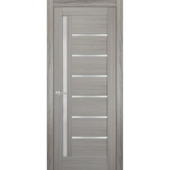 Solid French Pre-Hung Door Frosted Glass | Quadro 4088 Grey Ash | Single Regular Panel Frame Trims Handle | Bathroom Bedroom Sturdy Doors -24" x 96"
