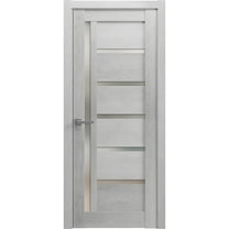Solid French Pre-Hung Door Frosted Glass | Quadro 4088 Light Grey Oak | Single Regular Panel Frame Trims Handle | Bathroom Bedroom Sturdy Doors -18" x 84"