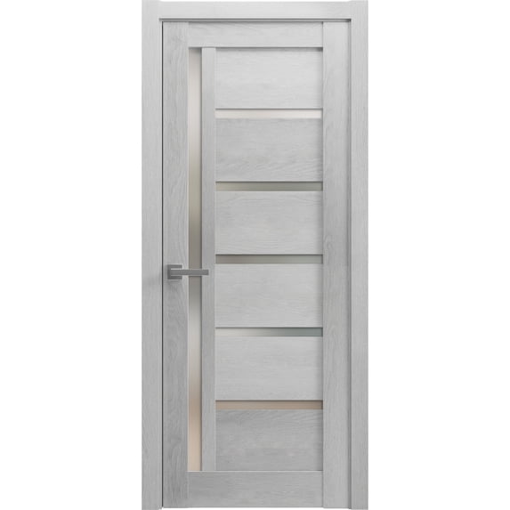 Solid French Pre-Hung Door Frosted Glass | Quadro 4088 Light Grey Oak | Single Regular Panel Frame Trims Handle | Bathroom Bedroom Sturdy Doors -36" x 84"