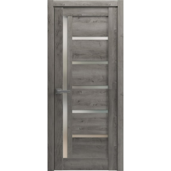 Solid French Pre-Hung Door Frosted Glass | Quadro 4088 Nebraska Grey | Single Regular Panel Frame Trims Handle | Bathroom Bedroom Sturdy Doors -24" x 80"