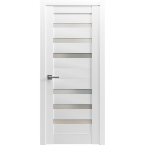 Solid French Pre-Hung Door Frosted Glass | Quadro 4266 White Silk | Single Regular Panel Frame Trims Handle | Bathroom Bedroom Sturdy Doors -24" x 84"