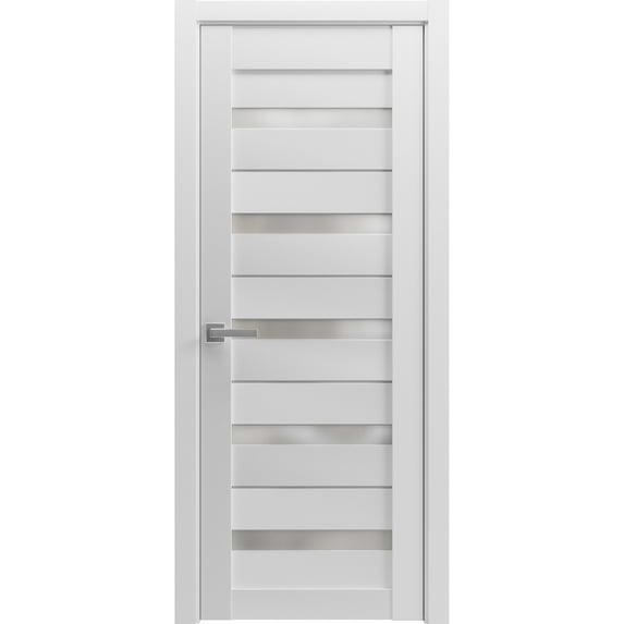 Solid French Pre-Hung Door Frosted Glass | Quadro 4445 White Silk | Single Regular Panel Frame Trims Handle | Bathroom Bedroom Sturdy Doors -28" x 84"