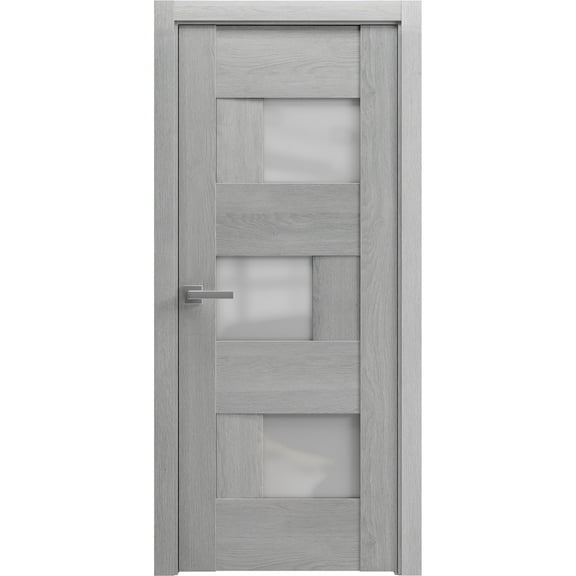 Solid French Pre-Hung Door Frosted Glass | Sete 6933 Light Grey Oak | Single Regular Panel Frame Trims Handle | Bathroom Bedroom Sturdy Doors -28" x 84"