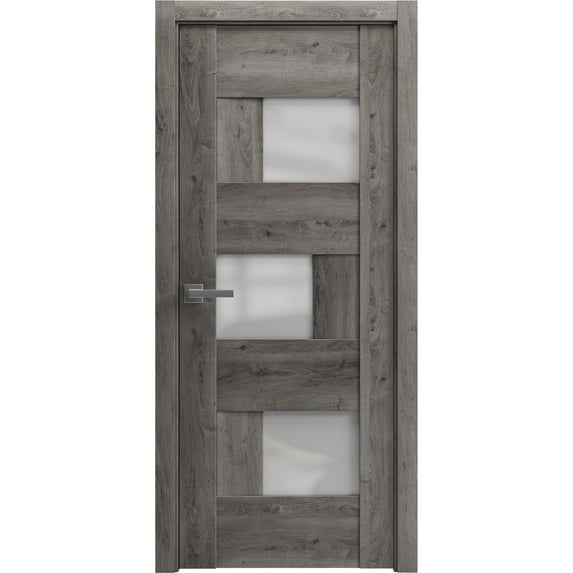 Solid French Pre-Hung Door Frosted Glass | Sete 6933 Nebraska Grey | Single Regular Panel Frame Trims Handle | Bathroom Bedroom Sturdy Doors -18" x 80"