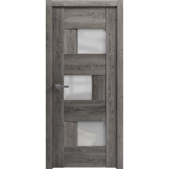 Solid French Pre-Hung Door Frosted Glass | Sete 6933 Nebraska Grey | Single Regular Panel Frame Trims Handle | Bathroom Bedroom Sturdy Doors -28" x 80"