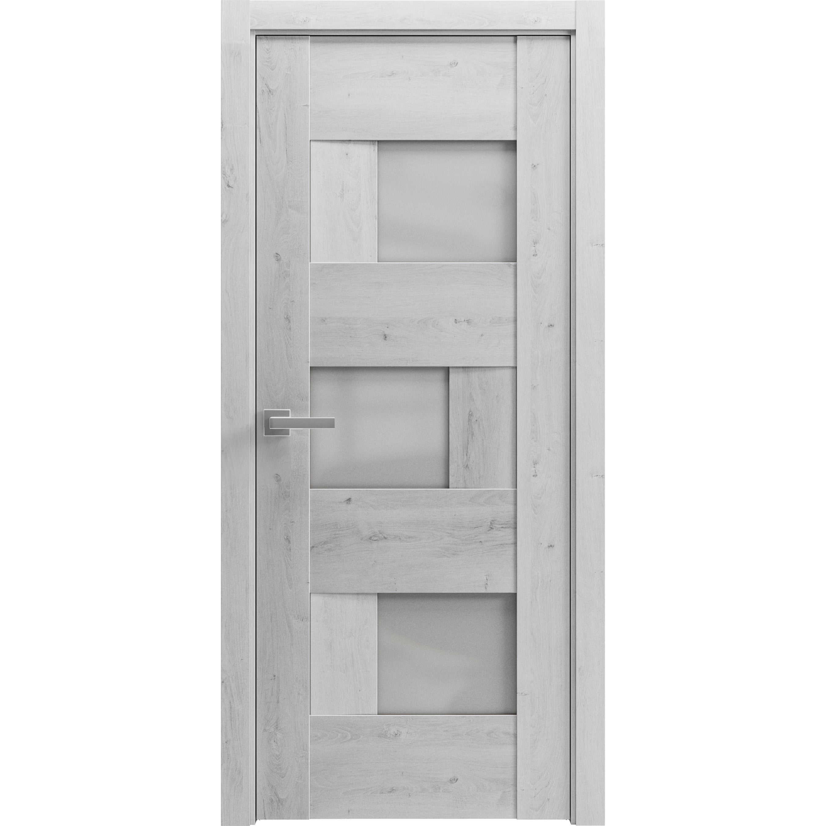Solid French Pre-Hung Door Frosted Glass | Sete 6933 Nordic White | Single Regular Panel Frame Trims Handle | Bathroom Bedroom Sturdy Doors -18" x 84"