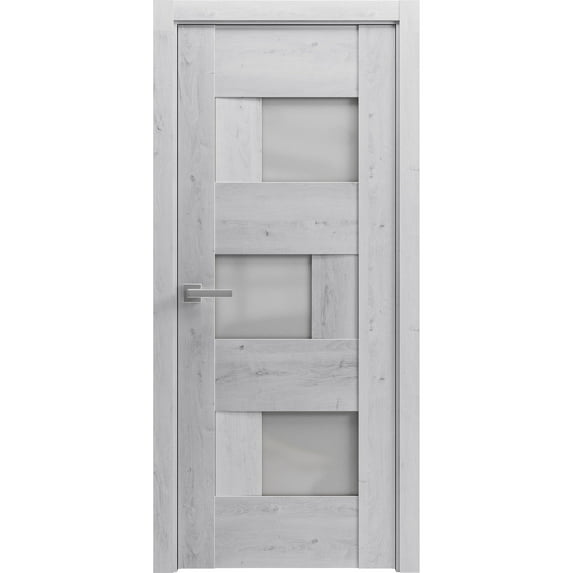 Solid French Pre-Hung Door Frosted Glass | Sete 6933 Nordic White | Single Regular Panel Frame Trims Handle | Bathroom Bedroom Sturdy Doors -32" x 80"