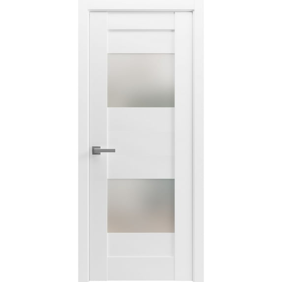 Solid French Pre-Hung Door Opaque Glass 2 Lites / Sete 6222 White Silk / Single Regular Panel Frame Handle / Bathroom Bedroom Modern Doors -18" x 80"