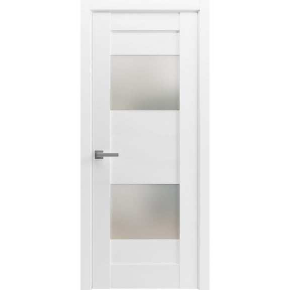 Solid French Pre-Hung Door Opaque Glass 2 Lites / Sete 6222 White Silk / Single Regular Panel Frame Handle / Bathroom Bedroom Modern Doors -18" x 84"