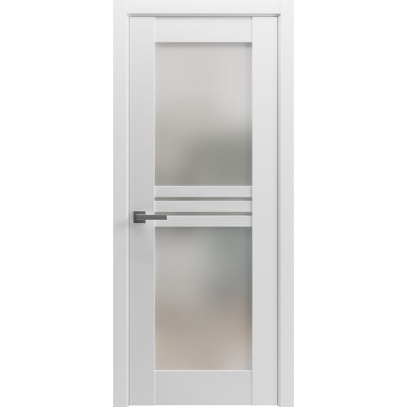 Solid French Pre-Hung Door Opaque Glass 4 Lites / Mela 7222 White Silk / Single Regular Panel Frame Handle / Bathroom Bedroom Modern Doors -36" x 96"