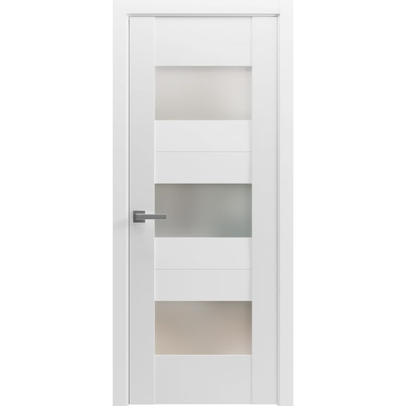 Solid French Pre-Hung Door Opaque Glass / Sete 6003 White Silk / Single Regular Panel Frame Handle / Bathroom Bedroom Modern Doors -18" x 84"