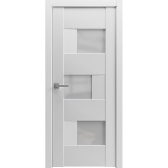 Solid French Pre-Hung Door Opaque Glass / Sete 6933 White Silk / Single Regular Panel Frame Handle / Bathroom Bedroom Modern Doors -18" x 84"
