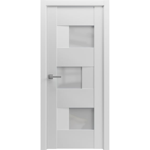 Solid French Pre-Hung Door Opaque Glass / Sete 6933 White Silk / Single Regular Panel Frame Handle / Bathroom Bedroom Modern Doors -32" x 80"