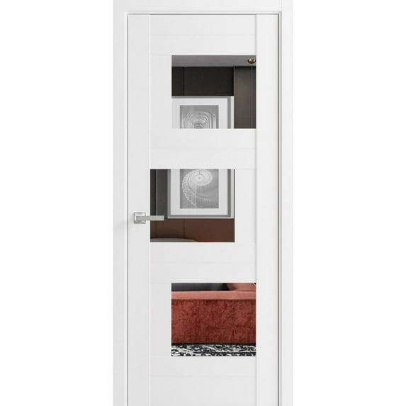 Solid French Pre-Hung Door Opaque Glass / Sete 6999 White Silk with Mirror / Single Regular Panel Frame Handle / Bathroom Bedroom Modern Doors -24" x 84"