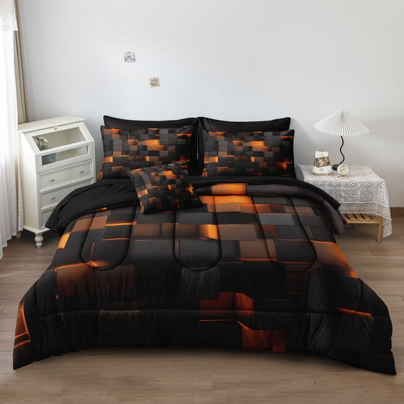 Solid Geometric Queen Size Comforter Set with Sheets,8 Pcs Orange Black Queen Bed in a Bag Set,Gradual Change Honeycomb Quilt Set,Modern Square Texture Luxury Bedding Set for All Season