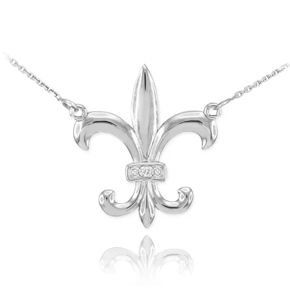 White Splod Solid Gold 14K Diamond Fleur-de-Lis Necklace(14K White Gold, Pendant ...