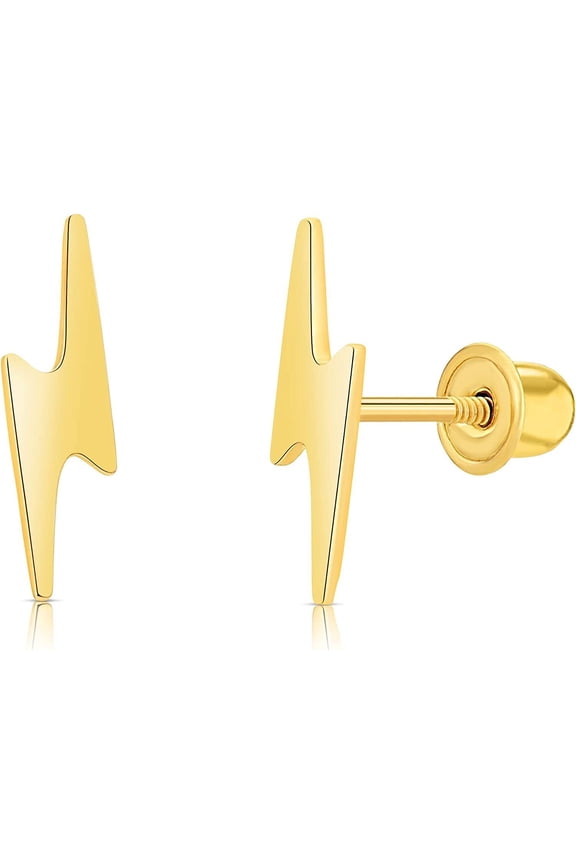 Solid Gold 14K Minimalist Small Polished Lightning Bolt Stud Earrings with Screw-backs 10mm