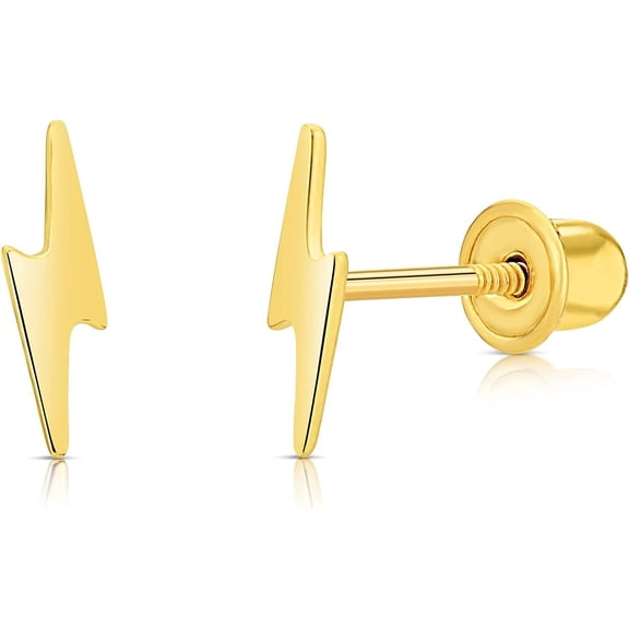 Solid Gold 14K Minimilastic Tiny Lightning Bolt Small Stud Earrings with Screw-backs 7.5mm