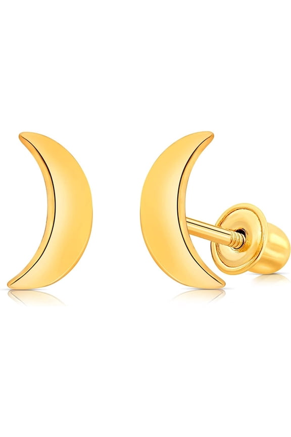 Solid Gold 14K Polished Moon Stud Earrings, Crescent Moon Studs, Gift for Women