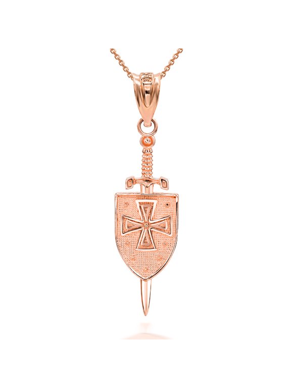 Solid Gold 3D Saint Michael Sword & Shield Cross (10K Rose Gold, Pendant with 16" chain)